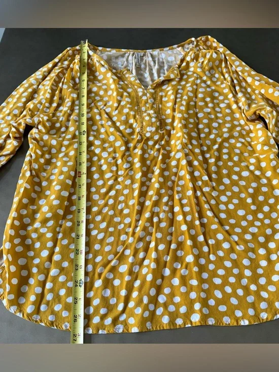 Grand & Greene Gold & White Polka Dot Blouse, Tab up sleeves, Size Large - Picture 3 of 5
